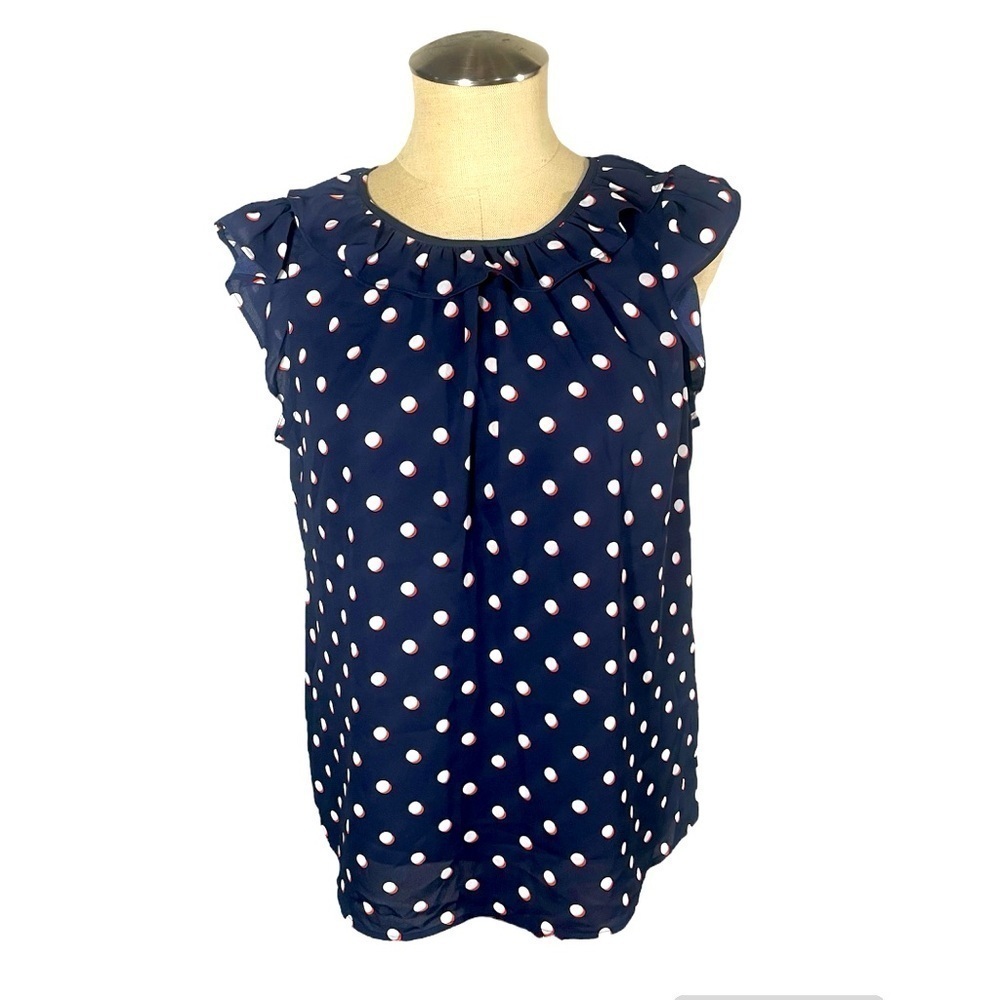 Tommy Hilfiger Navy Polka Dot Blouse with Ruffles Size M